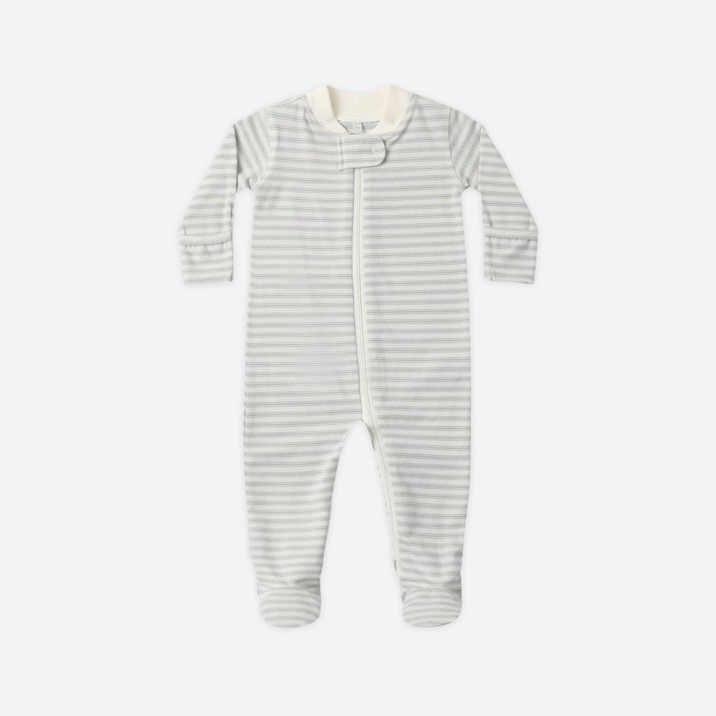 A baby long-sleeve footed sleeper with thin horizontal gray and white stripes, featuring a white zipper and a cream-colored collar, shown on a plain light gray background.