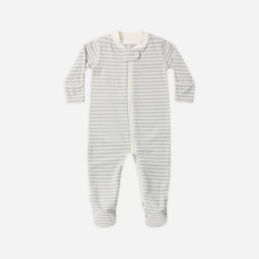 A baby long-sleeve footed sleeper with thin horizontal gray and white stripes, featuring a white zipper and a cream-colored collar, shown on a plain light gray background.