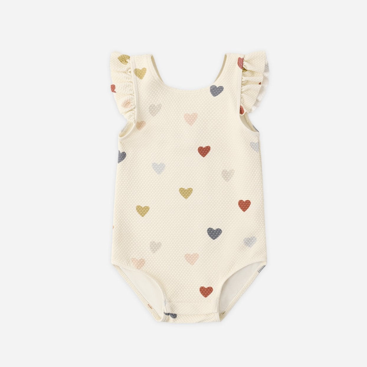 Baby swimsuit with heart pattern on a white background