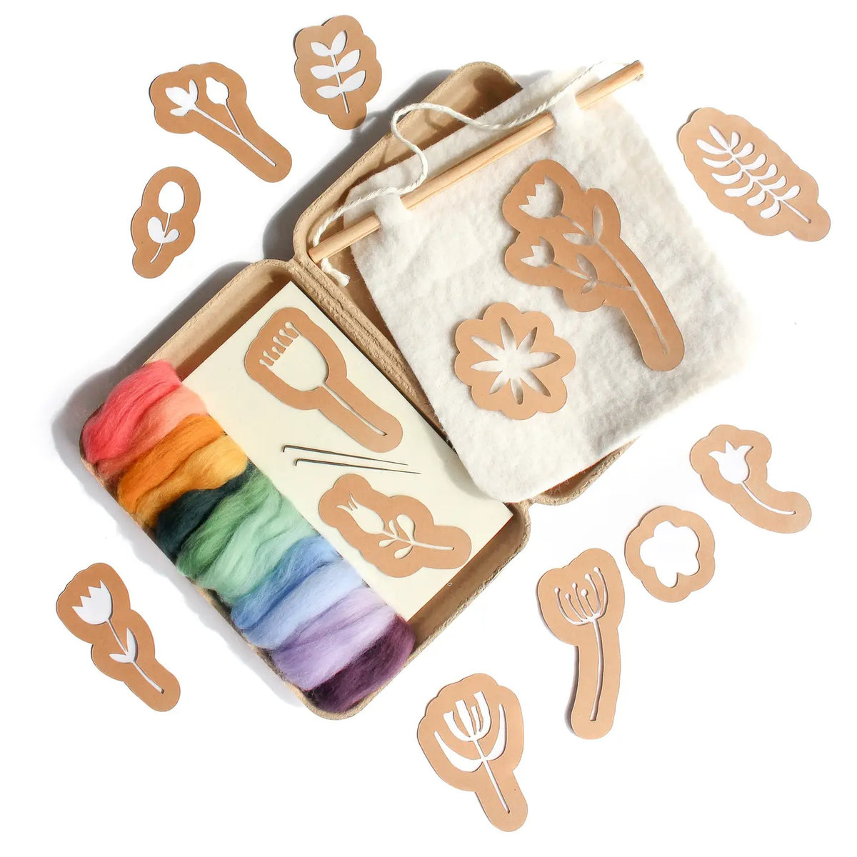 Colorful yarn set with wooden tools and templates on a white background