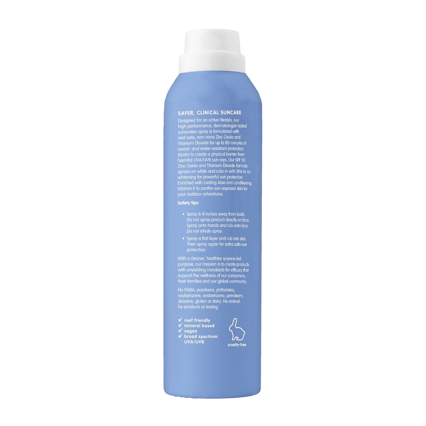 Blue sunscreen spray bottle with white cap on a white background