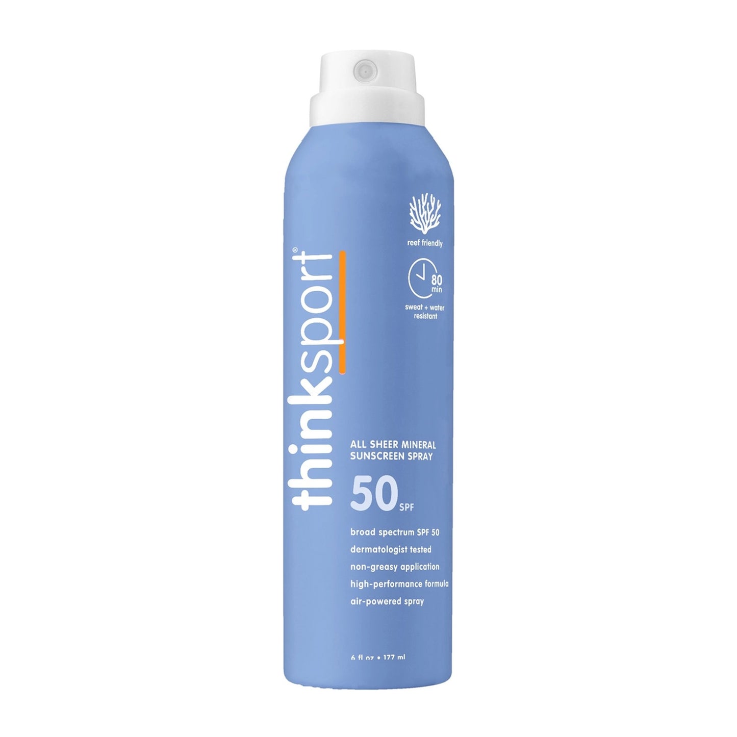 Blue sunscreen spray bottle with white cap on a white background