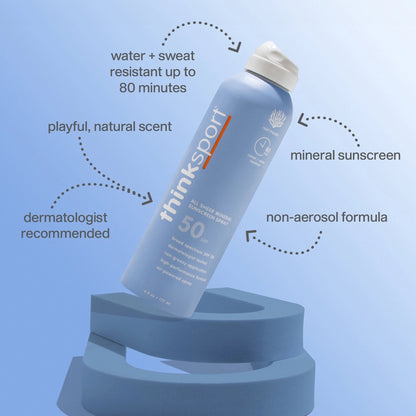 ThinkSport sunscreen spray bottle with features highlighted on a blue background