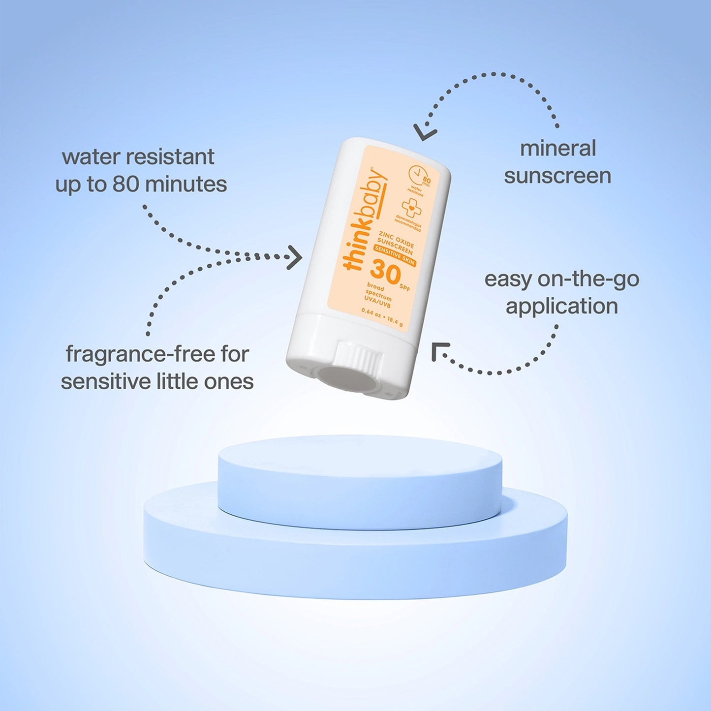 ThinkBaby sunscreen stick on a blue platform with features highlighted