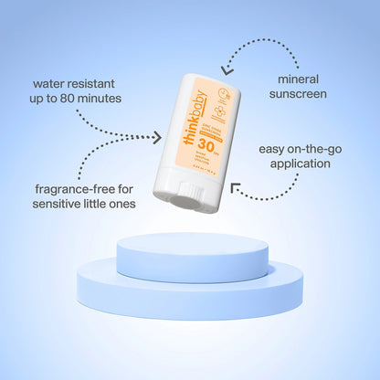 ThinkBaby sunscreen stick on a blue platform with features highlighted