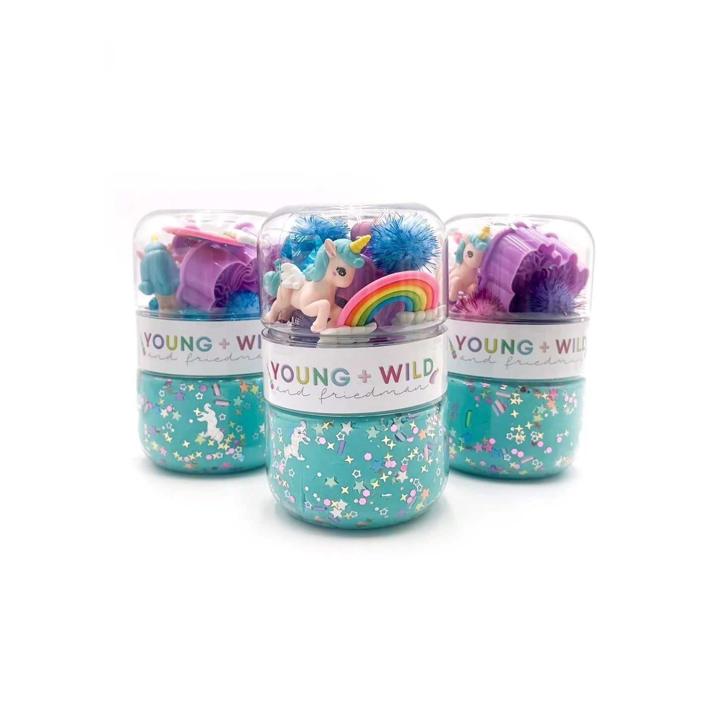 Three small containers with colorful contents and 'Young & Wild' branding on a white background