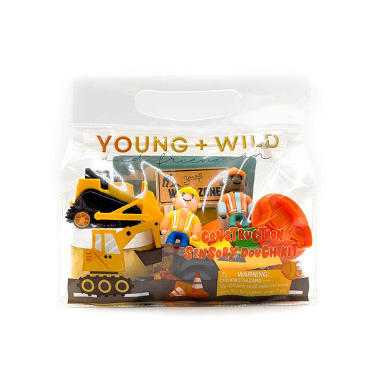 Construction-themed sensory dough kit packaging with 'Young & Wild' branding on a white background.