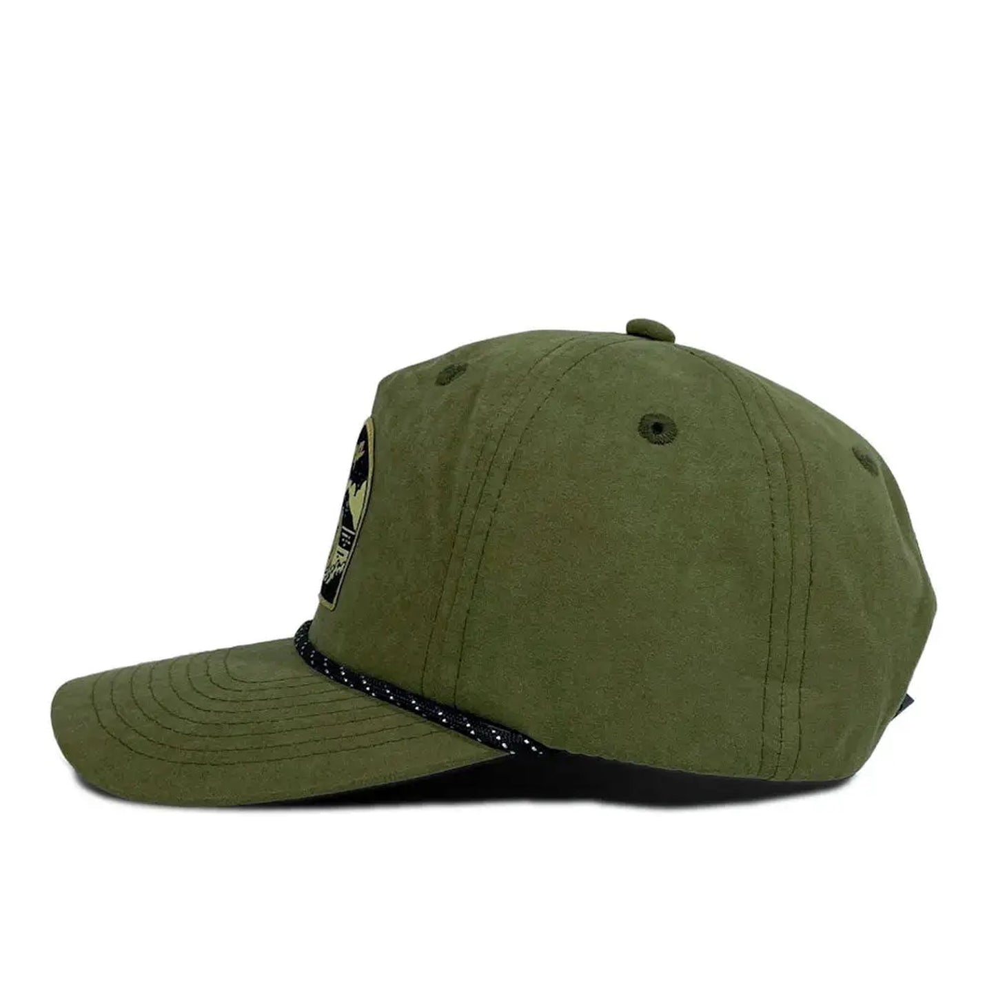 Green baseball cap with a black brim on a white background