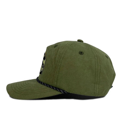 Green baseball cap with a black brim on a white background