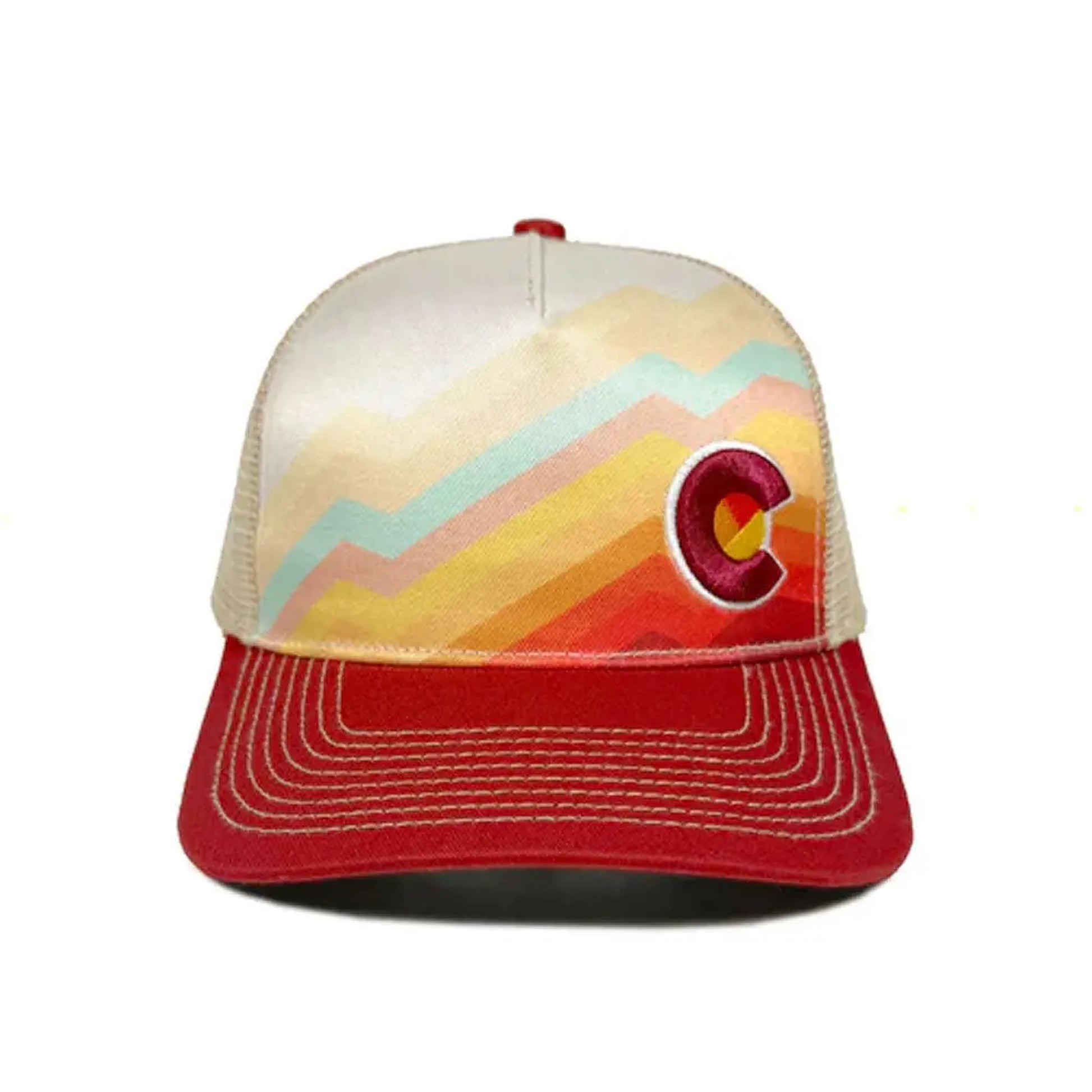 Colorful trucker hat with a mountain design and red brim on a white background