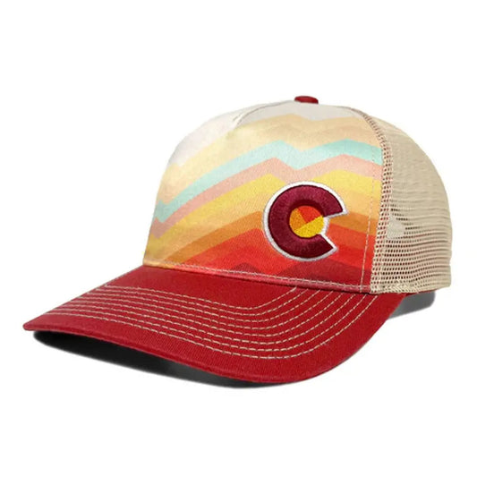 Colorful trucker hat with a logo on a white background
