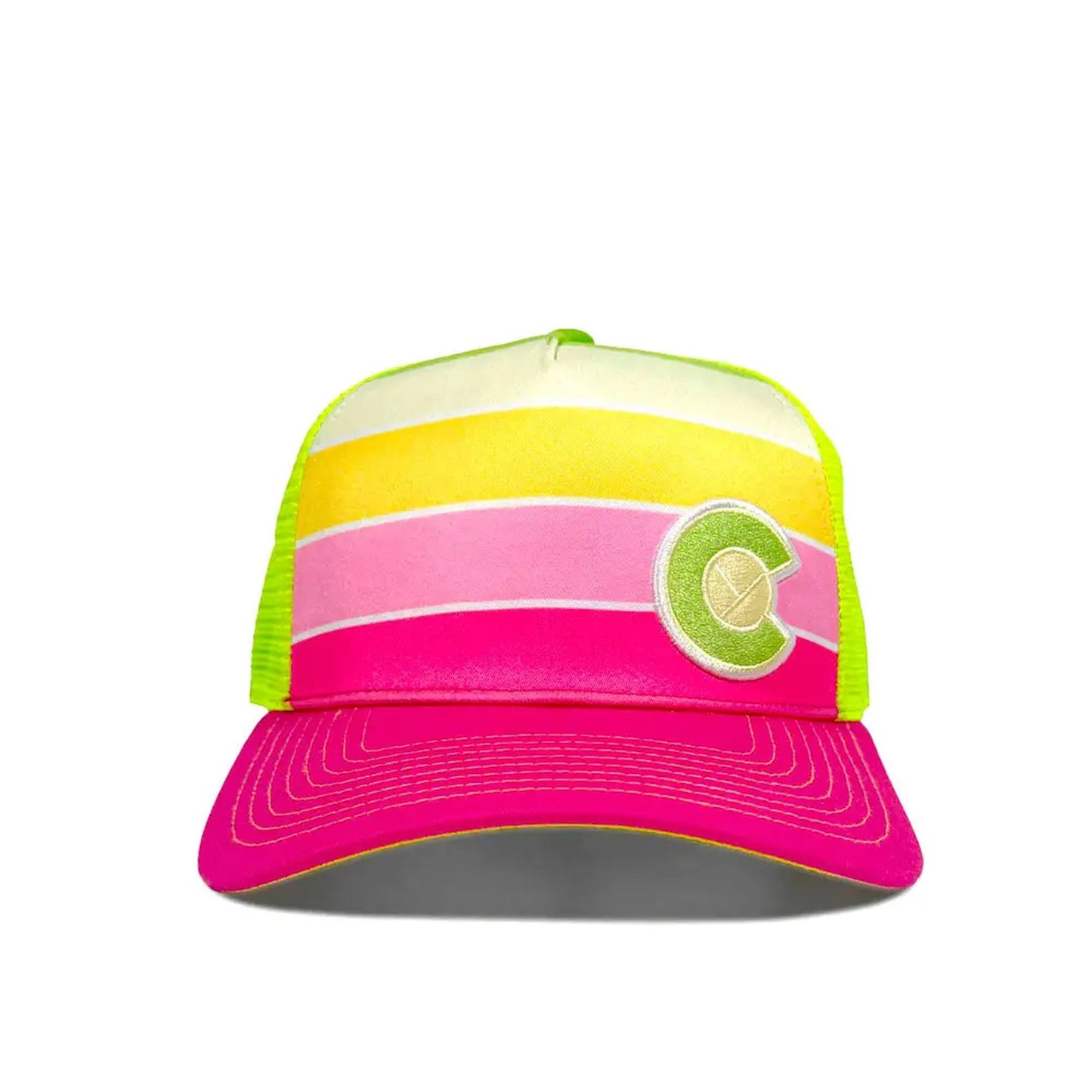 Colorful striped cap with a logo on a white background