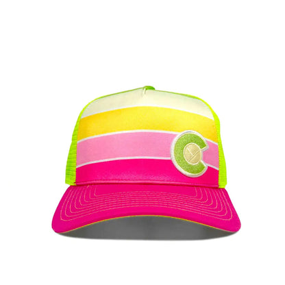 Colorful striped cap with a logo on a white background