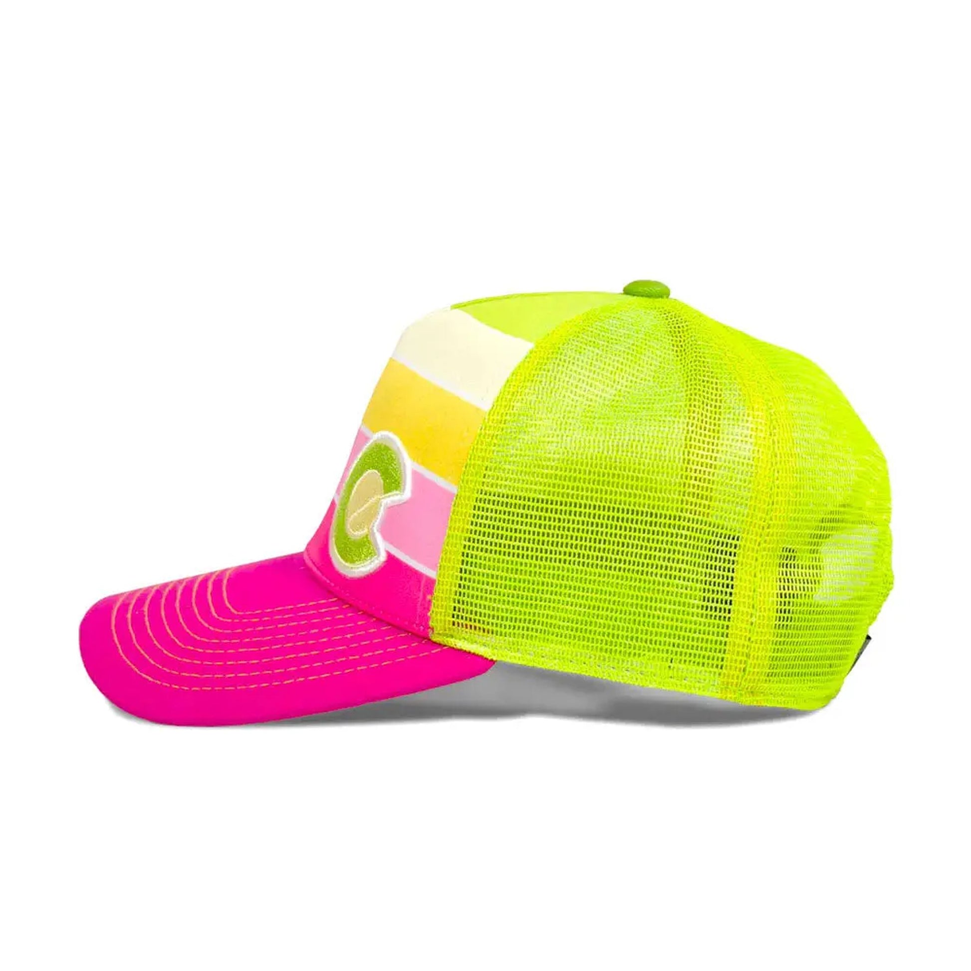 Neon yellow and pink cap with mesh back on a white background