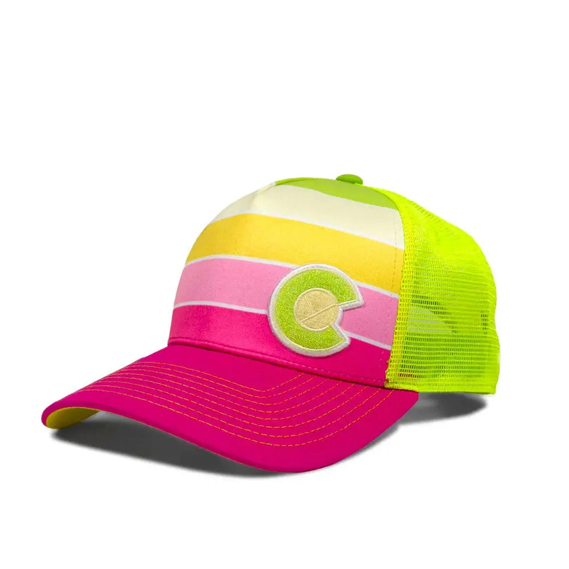 Colorful striped cap with a logo on a white background