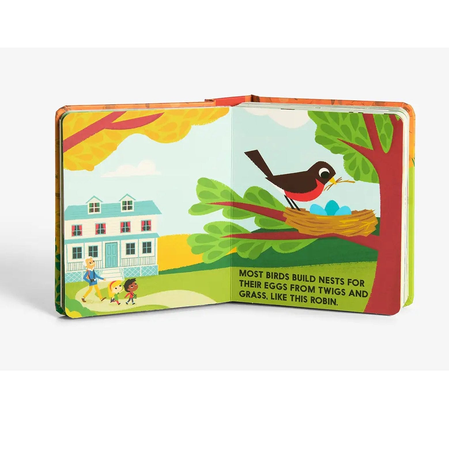 Children's book open to a page with a colorful illustration of a bird and nest.