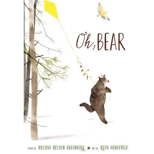 Book cover of 'Oh, Bear' with a bear, kite, and trees on a white background