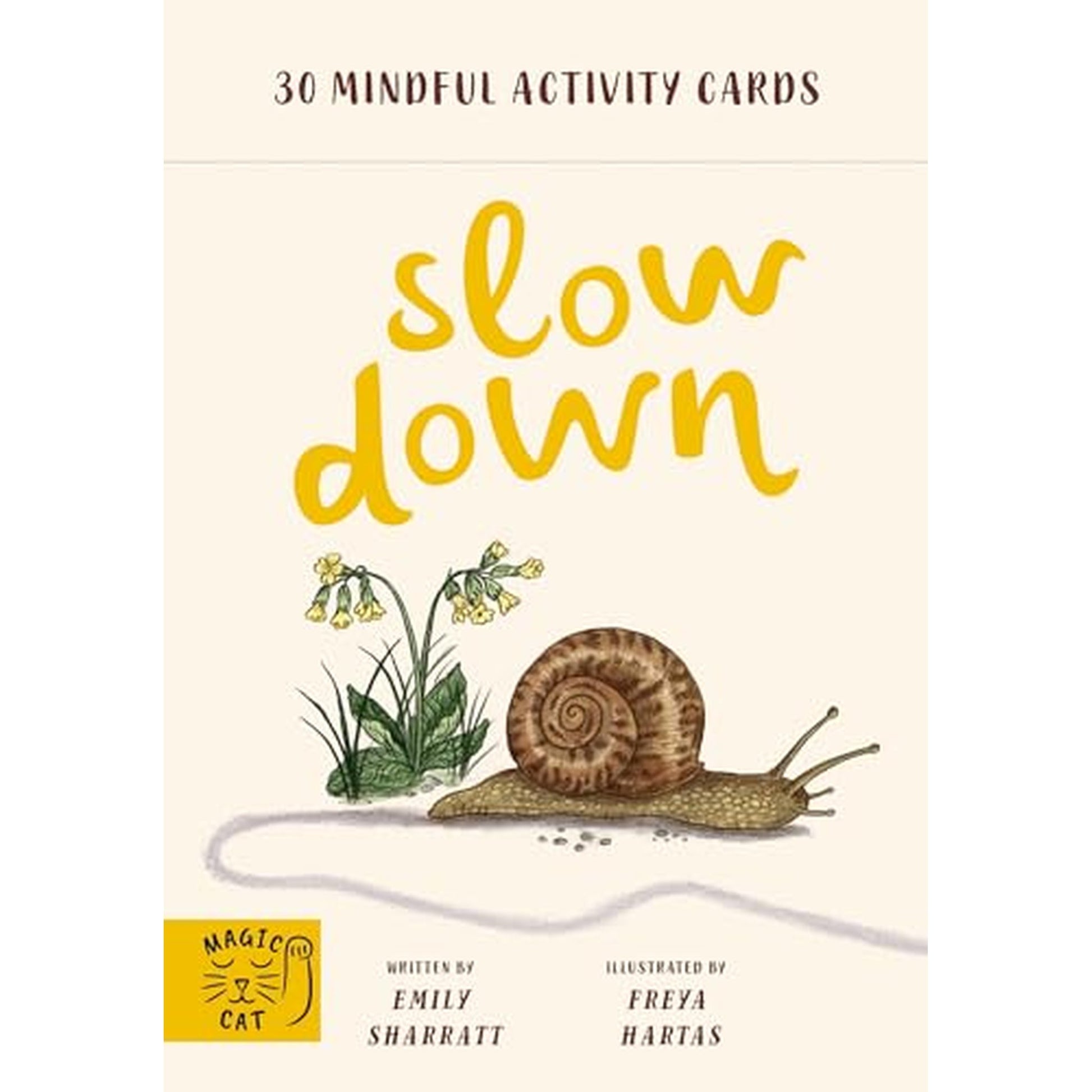 Book cover of 'Slow Down' with a snail and flowers illustration and text about mindful activity cards.