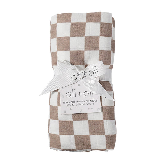 Checkered swaddle blanket with 'ali+olli' label on a white background