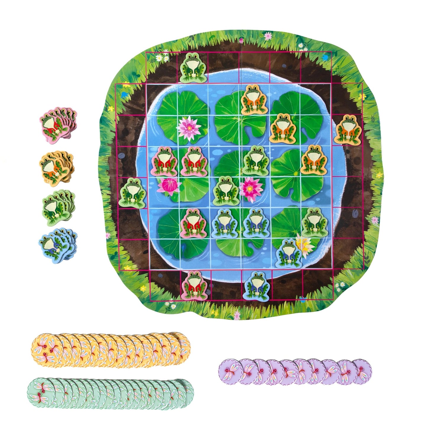 Board game set with frogs, lily pads, and dice on a white background
