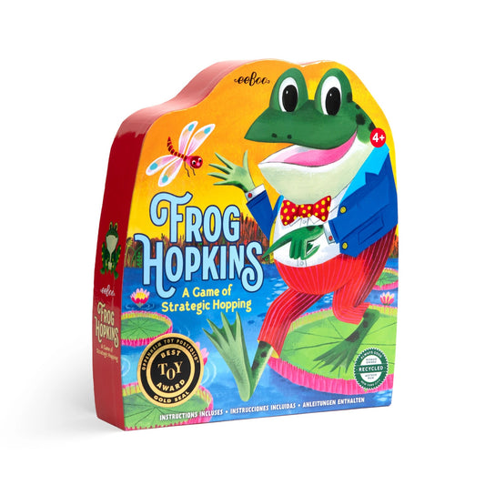 Colorful packaging of 'Frog Hopkins' game with a cartoon frog on a white background