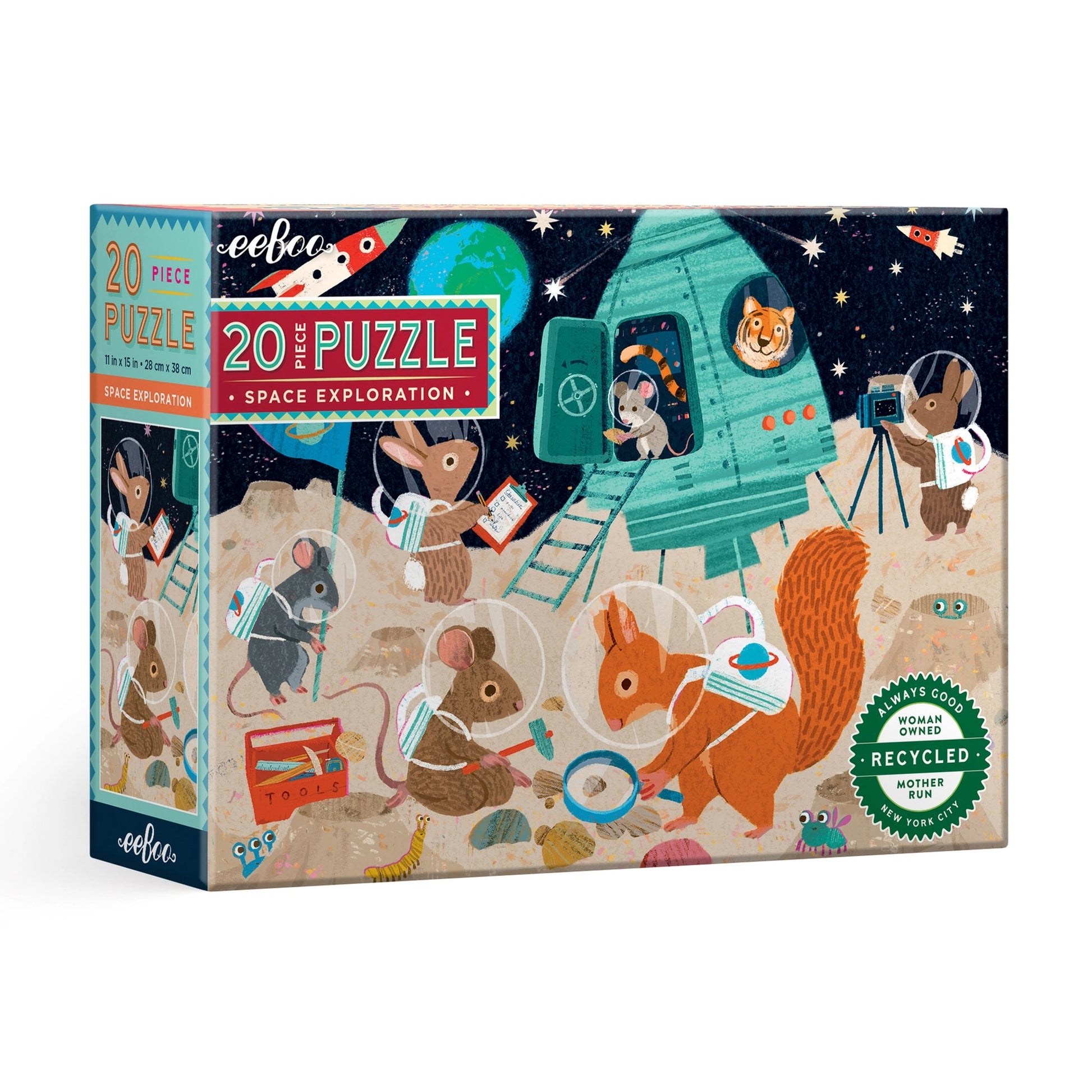 Puzzle box with space exploration theme featuring animals in a spaceship.