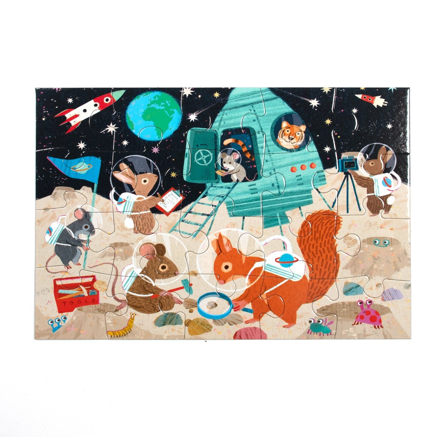 Children's puzzle with space-themed illustration of animals in astronaut outfits.