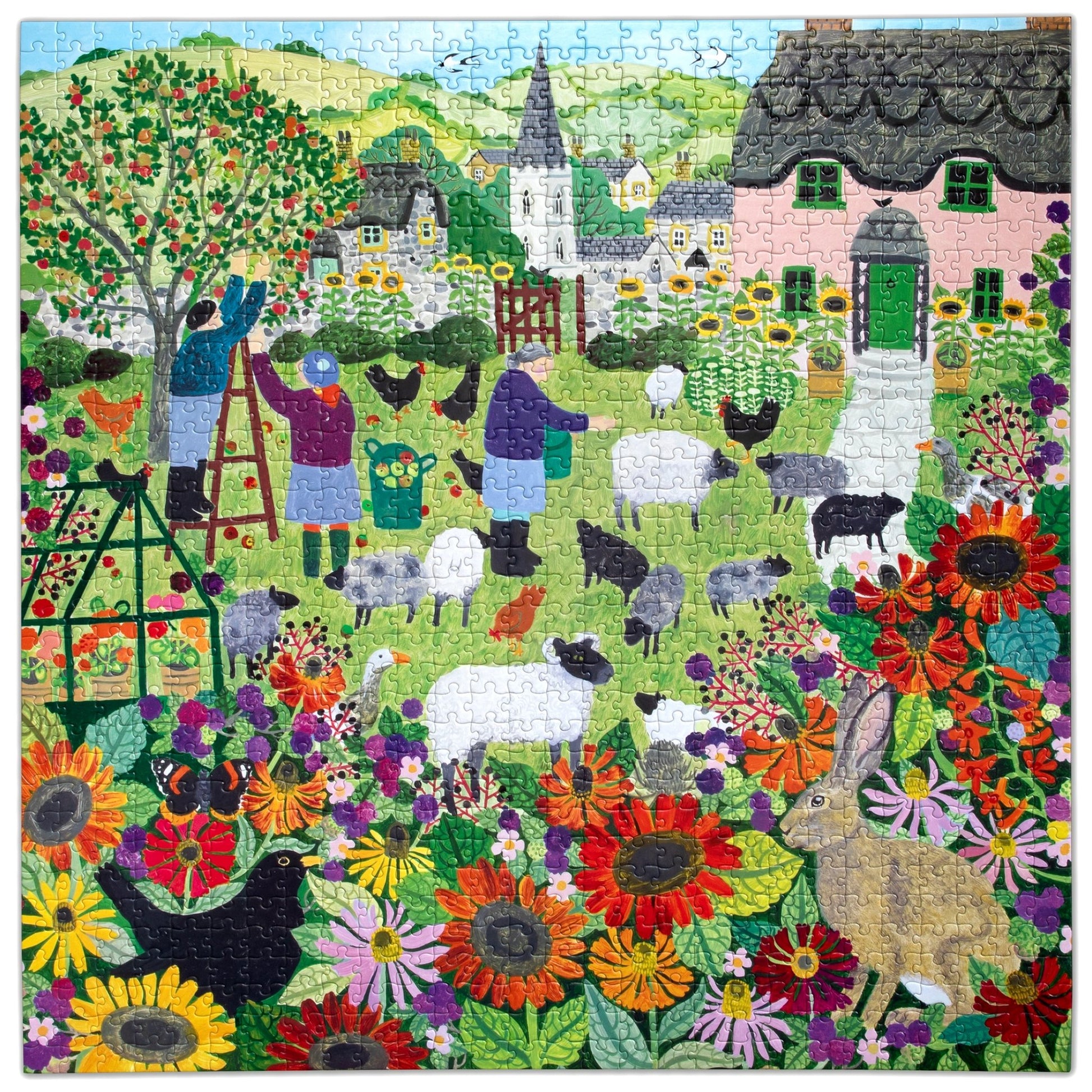 Colorful garden scene with people, animals, and flowers