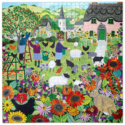 Colorful garden scene with people, animals, and flowers