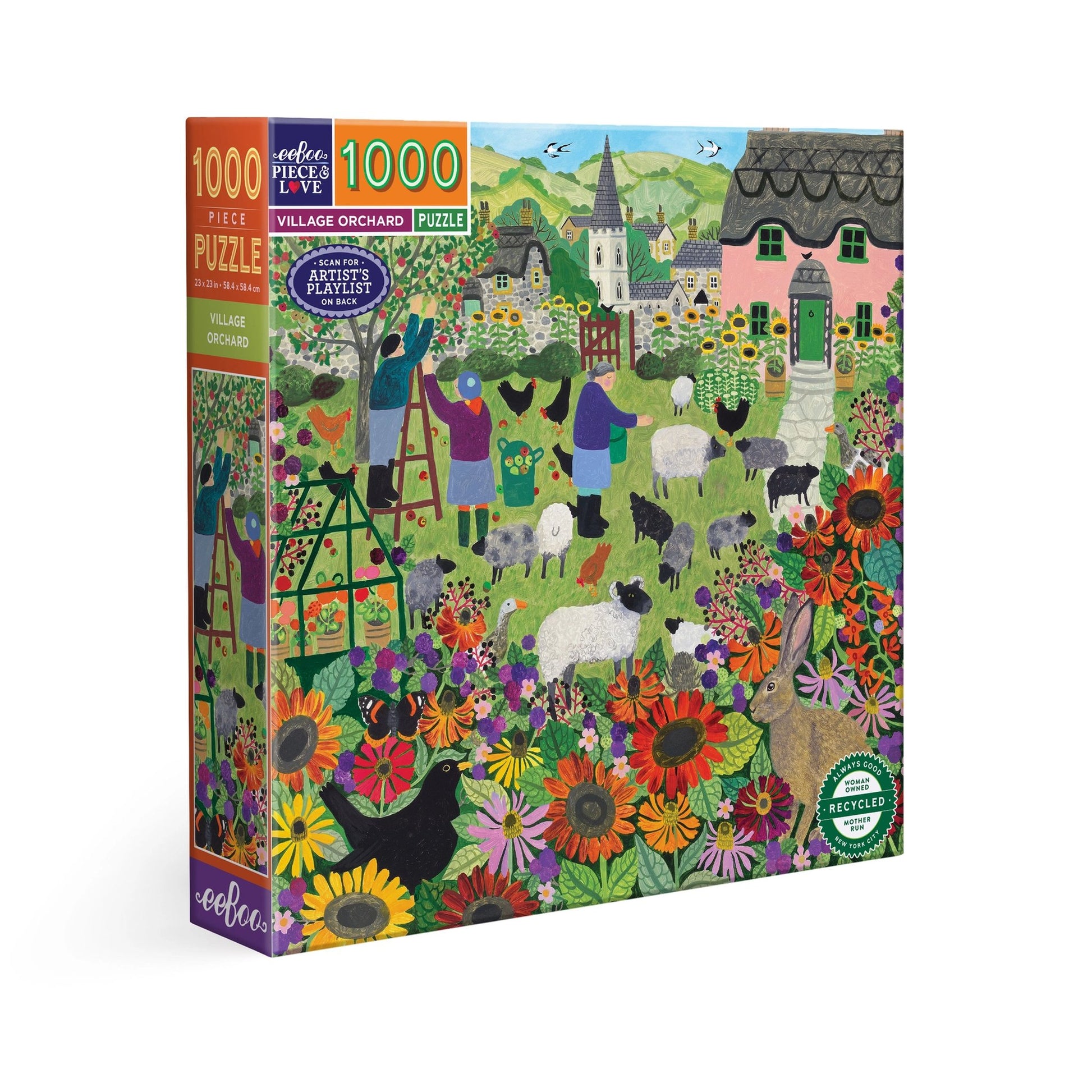 Jigsaw puzzle box with colorful village scene design on a white background