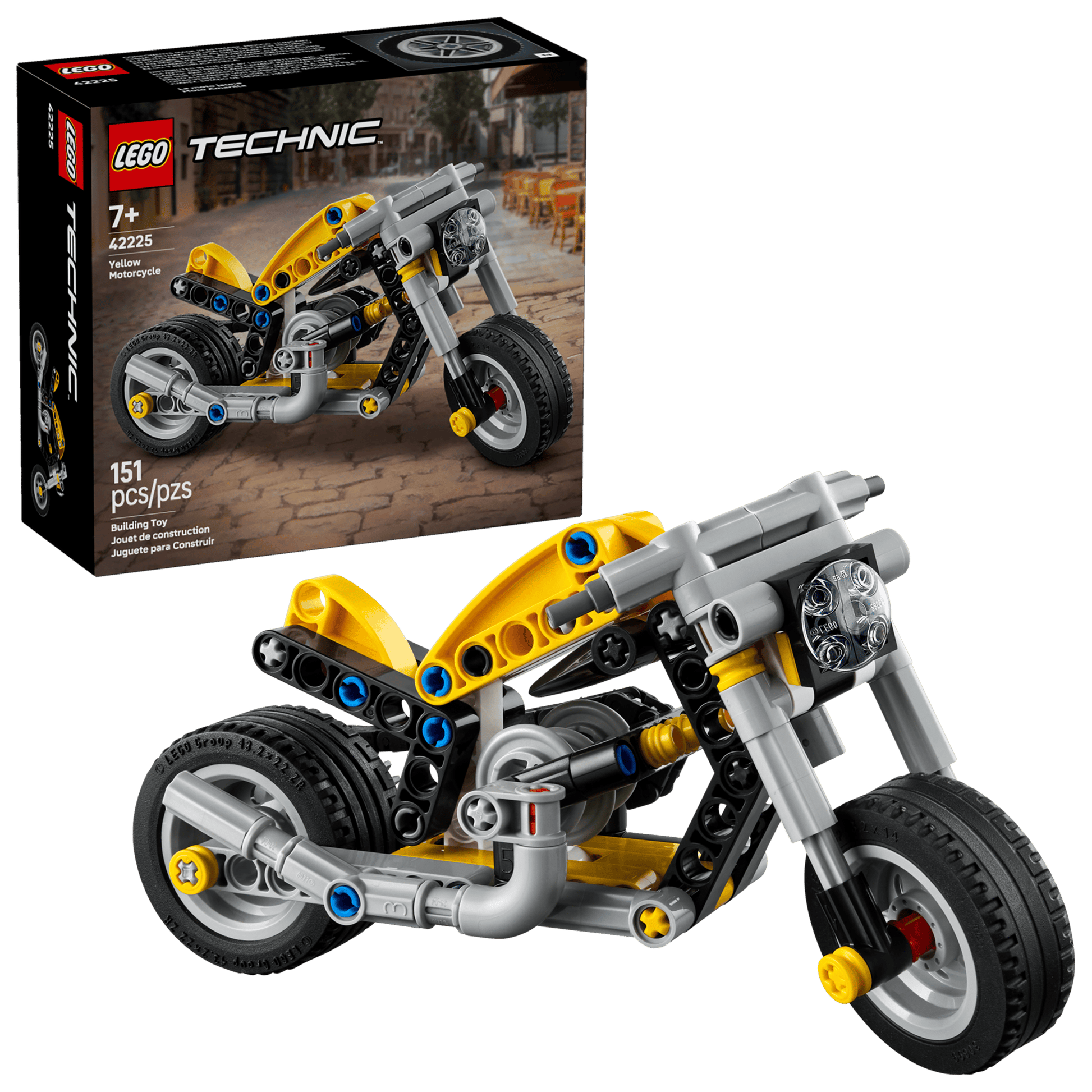 LEGO Technic motorcycle set with packaging in the background