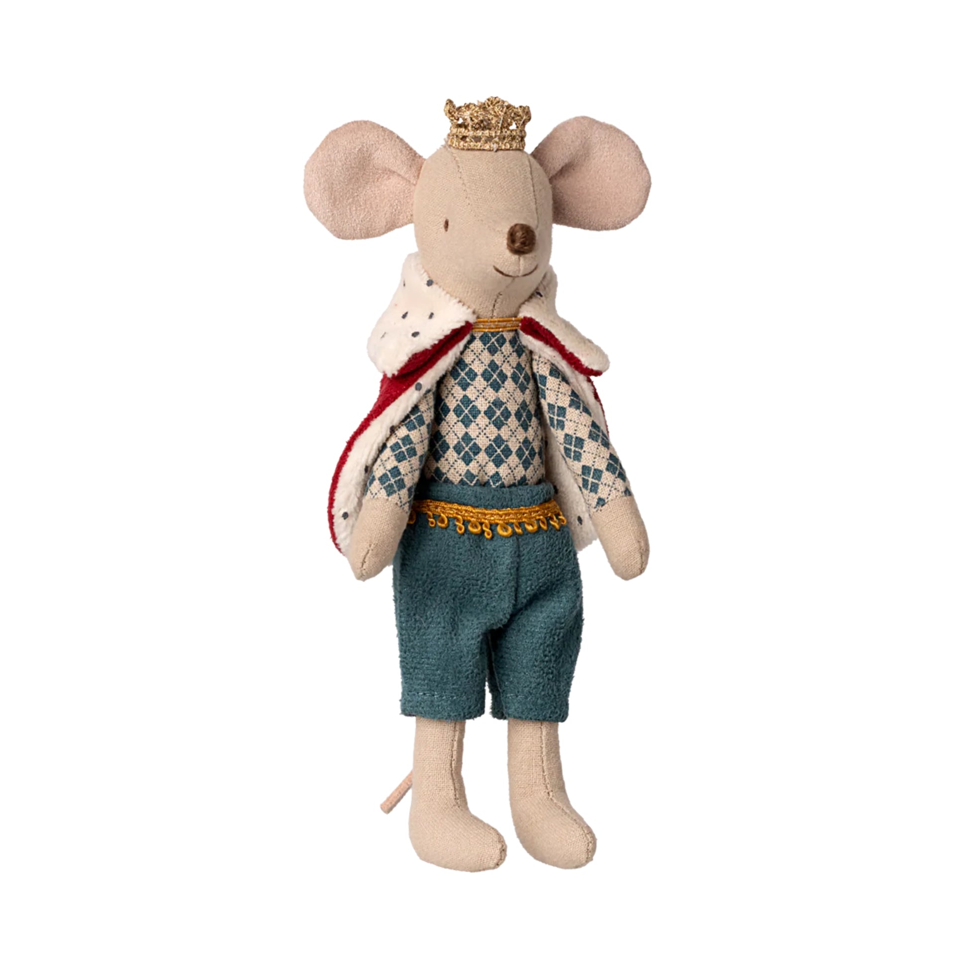 Stuffed toy mouse dressed as a King with a crown, coat, and sweater on a white background