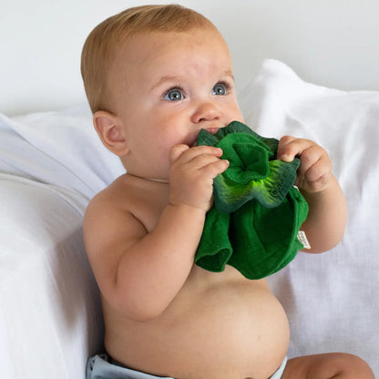 Baby holding and chewing on a green cloth against a white background