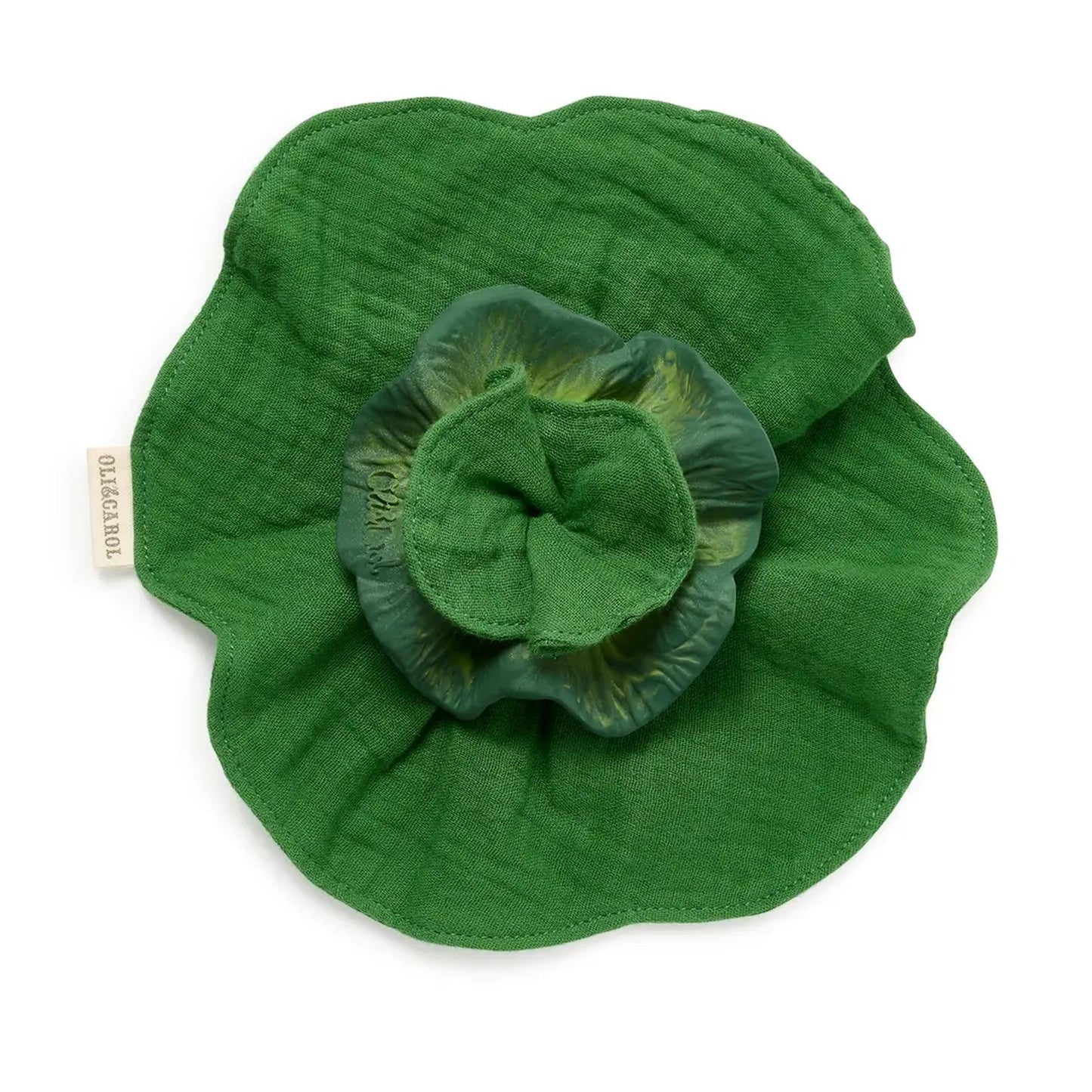 Green fabric flower on a white background