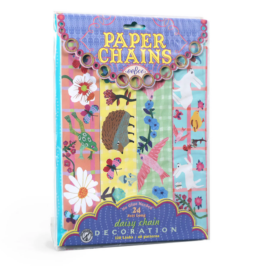 Packaged paper chains with animal and floral designs on a white background