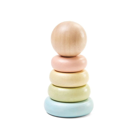 Stack of pastel-colored wooden rings on a white background