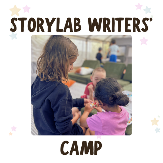 Children participating in Storylab Writers' Camp with text overlay on a white background.